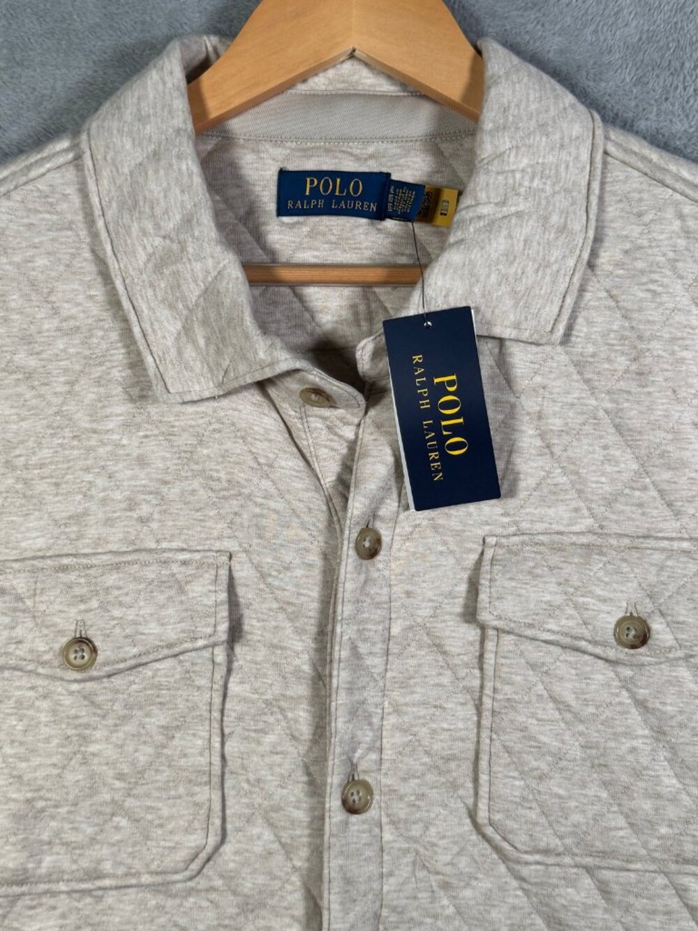 Polo Ralph Lauren Overshirt Jacket Men XL Tan Quilted Double Knit Jersey Shacket